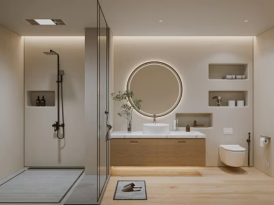 Modern Bathroom Featuring Glass Shower Backlit Round Mirror Wooden Vanity And Wall Mounted Toilet 3d model