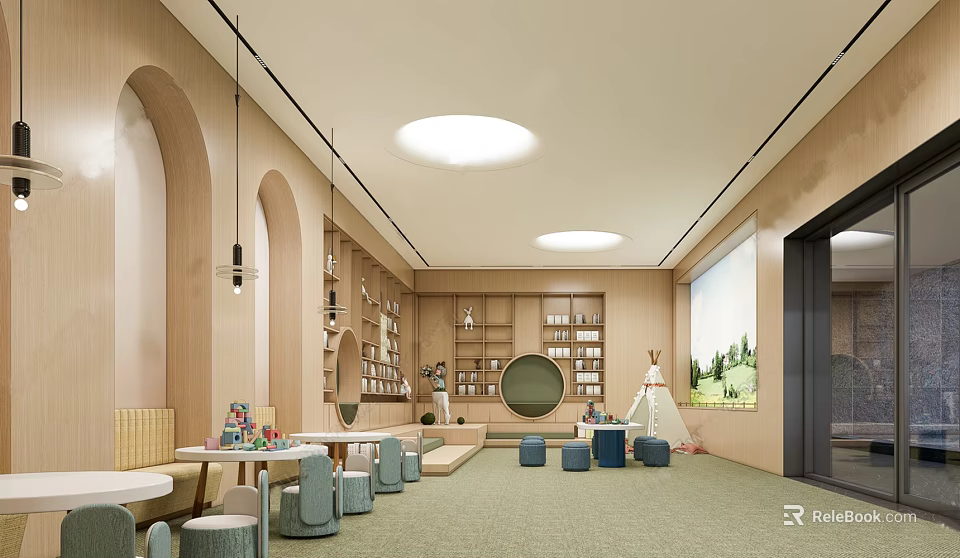 Modern Sales Office Interior With Wooden Arches Round Window Bookshelves And Kids Teepee Area 3d model 