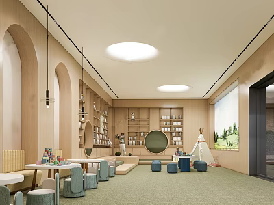 Modern Sales Office Interior With Wooden Arches Round Window Bookshelves And Kids Teepee Area 3d model