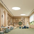 Modern Sales Office Interior With Wooden Arches Round Window Bookshelves And Kids Teepee Area