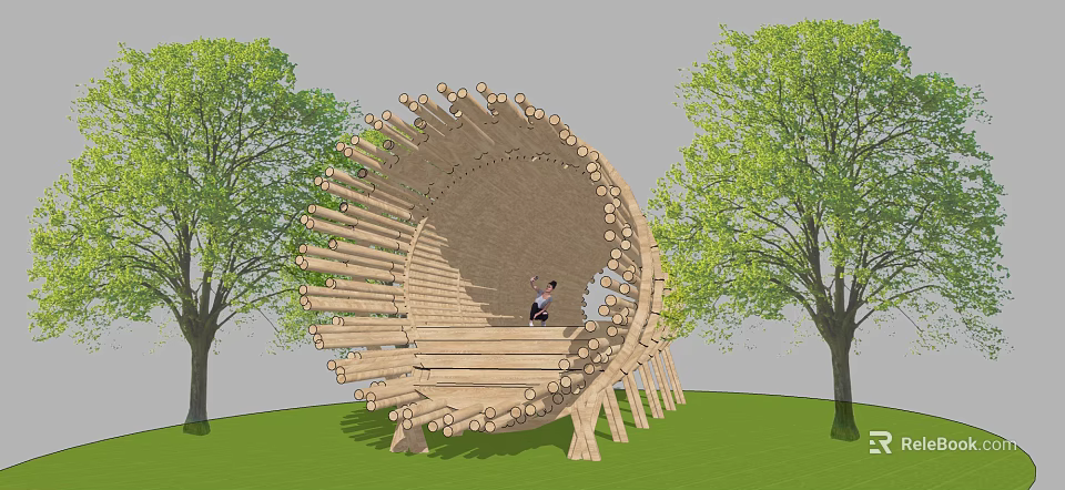 Wooden Circular Pergola With Bench Seating Amidst Green Trees And Lawn 3d model 