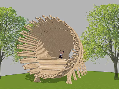 Wooden Circular Pergola With Bench Seating Amidst Green Trees And Lawn 3d model
