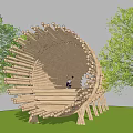 Wooden Circular Pergola With Bench Seating Amidst Green Trees And Lawn