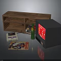 Retro Gaming Setup With Wooden Shelf TV Console Controller Green Bottle And Cartridges