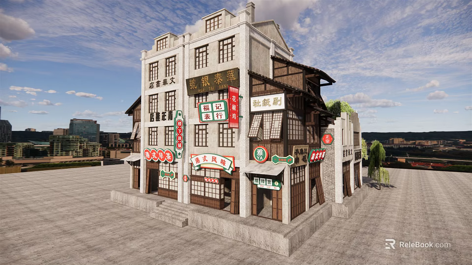Traditional Chinese Style Commercial Street with Two Story Building Colorful Store Signs and Green Plants 3d model 