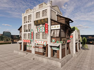 Traditional Chinese Style Commercial Street with Two Story Building Colorful Store Signs and Green Plants 3d model