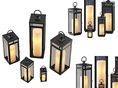 Modern Design Black Frame Candle Lanterns In Various Sizes With Illuminated Candles 3d model