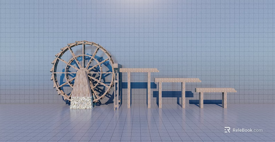 Garden Landscape Design Featuring Wooden Water Wheel And Benches With Grid Patterned Walls And Floor 3d model 