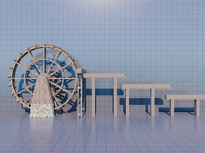 Garden Landscape Design Featuring Wooden Water Wheel And Benches With Grid Patterned Walls And Floor 3d model