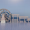 Garden Landscape Design Featuring Wooden Water Wheel And Benches With Grid Patterned Walls And Floor