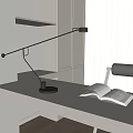 Modern Table Lamp In Study Workspace On White Desk With Open Book And White Curtains