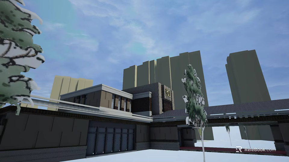 Modern Hotel Building Exterior With Grey Facade Surrounding Trees And Urban Skyline 3d model 