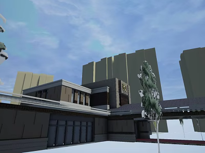 Modern Hotel Building Exterior With Grey Facade Surrounding Trees And Urban Skyline 3d model