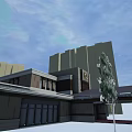 Modern Hotel Building Exterior With Grey Facade Surrounding Trees And Urban Skyline