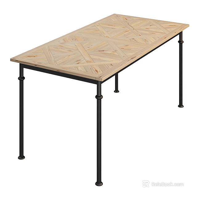 Wooden Dining Table With Cross Pattern Top And Black Metal Legs 3d model