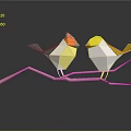 Two Colorful Origami Birds With Orange And Yellow Heads Standing On Branch