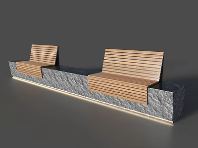 Outdoor Landscape Benches with Wooden Slat Seats and Stone Base Integrated Lighting 3d model