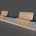 Outdoor Landscape Benches with Wooden Slat Seats and Stone Base Integrated Lighting