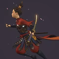 Warrior In Red Black Armor With Topknot Holding Long Sword Amid Falling Petals Dark Background