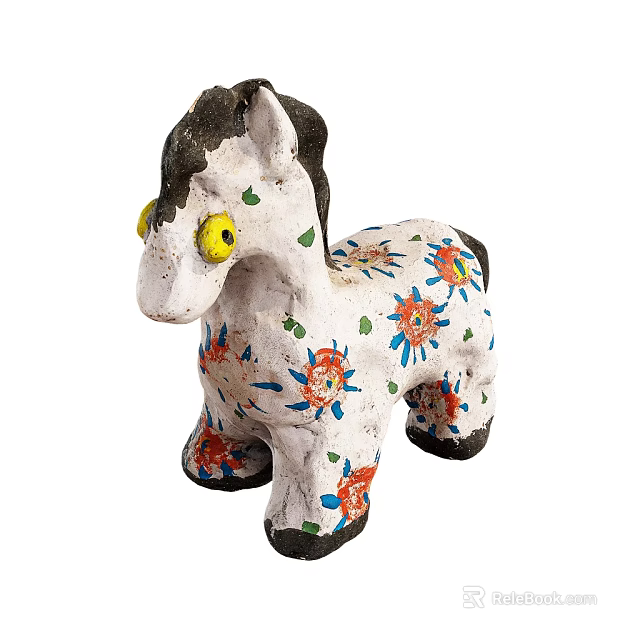 Handmade Clay Horse Doll with White Body Colorful Flower Patterns Yellow Eyes and Black Mane 3d model 