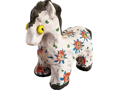 Handmade Clay Horse Doll with White Body Colorful Flower Patterns Yellow Eyes and Black Mane 3d model