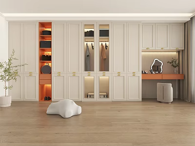 Modern White Wardrobe Interior Design With Glass Doors Lighting And Wooden Floor Plant 3d model