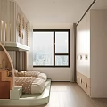 Kids Room Interior Design With Bunk Bed Staircase Arched Cabinets And Circular Lattice Decorations