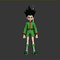 Anime Game Character With Black Spiky Hair Green Outfit Red Accents Green Shorts Green Boots