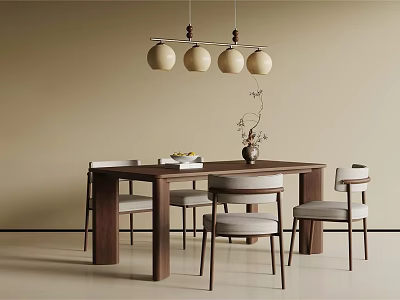 Modern Minimalist Dining Table Set with Light Chairs Three Pendant Lights and Flower Vase 3d model