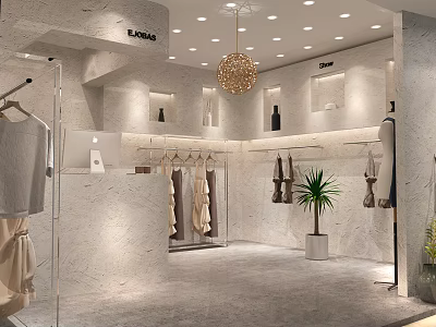 Modern Clothing Store Interior With Garment Racks Display Shelves Chandelier Potted Plant And Marble Walls 3d model