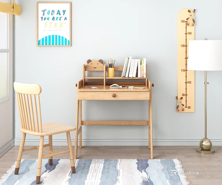 Warm Wooden Desk With Books Stationery Chair Wall Growth Chart And Soft Rug 3d model 