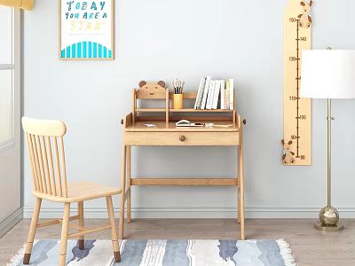 Warm Wooden Desk With Books Stationery Chair Wall Growth Chart And Soft Rug 3d model