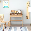 Warm Wooden Desk With Books Stationery Chair Wall Growth Chart And Soft Rug