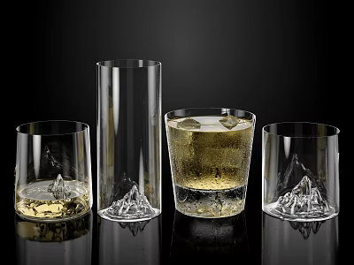 Elegant Drinks In Transparent Glasses With Mountain Carved Base And Ice Cubes On Black Background 3d model