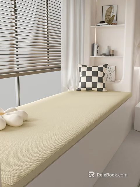 Modern Bedroom Design With Window Blinds White Curtains Bench Beige Cushion And Checkered Pillow 3d model 