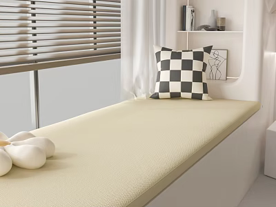 Modern Bedroom Design With Window Blinds White Curtains Bench Beige Cushion And Checkered Pillow 3d model
