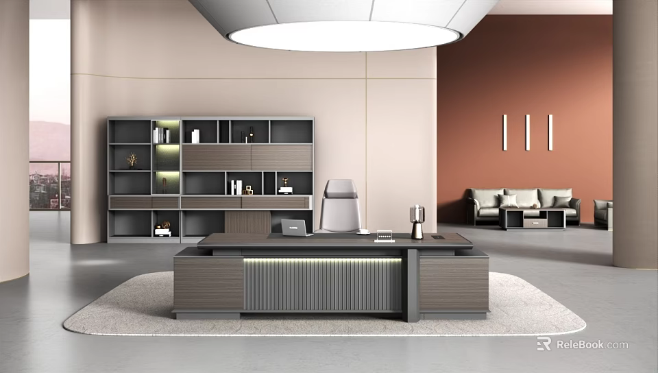 Modern Office Interior With Wooden Desk Bookshelf Sofa Rug And Warm Lighting 3d model 