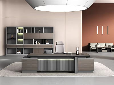 Modern Office Interior With Wooden Desk Bookshelf Sofa Rug And Warm Lighting 3d model