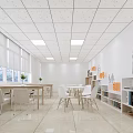 Modern Office Interior With Wooden Desk Computer Chairs Window Blinds Bookcases And Green Plants