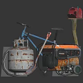 Rusted Metal Can Blue Bicycle Orange Generator And Red Mailbox Setup 3d model