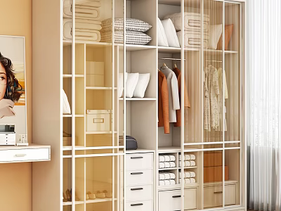 Sleek Modern Wardrobe with Glass Doors Hanging Clothes Folded Items and Storage Drawers 3d model