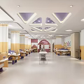 Pediatric Hospital Outpatient Clinic Bright Warm Environment With Purple Ceiling Yellow Columns Tables Chairs