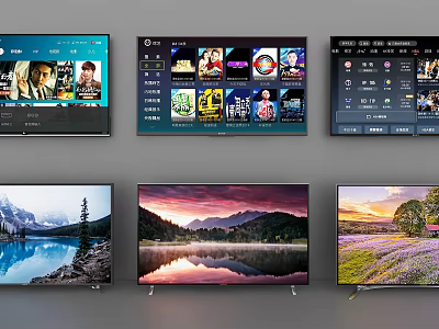 Modern Smart Televisions Display Scenery And Streaming Apps On Multiple Screens 3d model