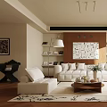 Modern Living Room Interior Design With White Sofa Coffee Table Rug Decorative Painting And Bookshelves