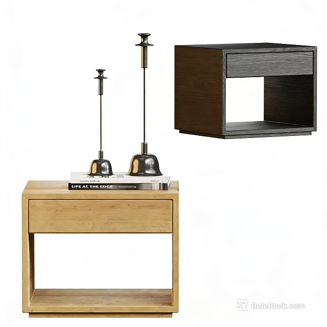 Modern Light And Dark Wood Bedside Tables With Metal Lamps And Drawer 3d model 