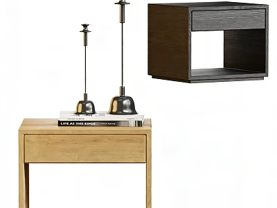 Modern Light And Dark Wood Bedside Tables With Metal Lamps And Drawer 3d model