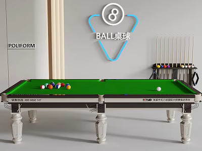 Billiard Room Interior With Green Table Billiard Balls Cue Sticks And Neon Number 8 Sign 3d model