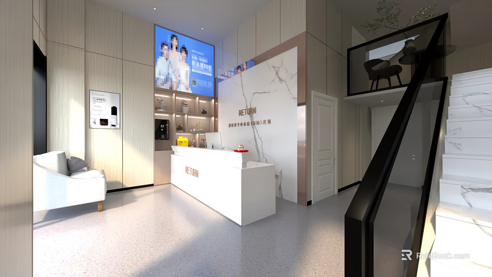 Modern Beauty Salon Interior With Reception Desk Display Shelves And Screen 3d model 