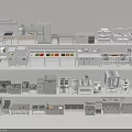 Various Kitchen Equipment Models Arranged On Shelves With Appliances And Cabinets
