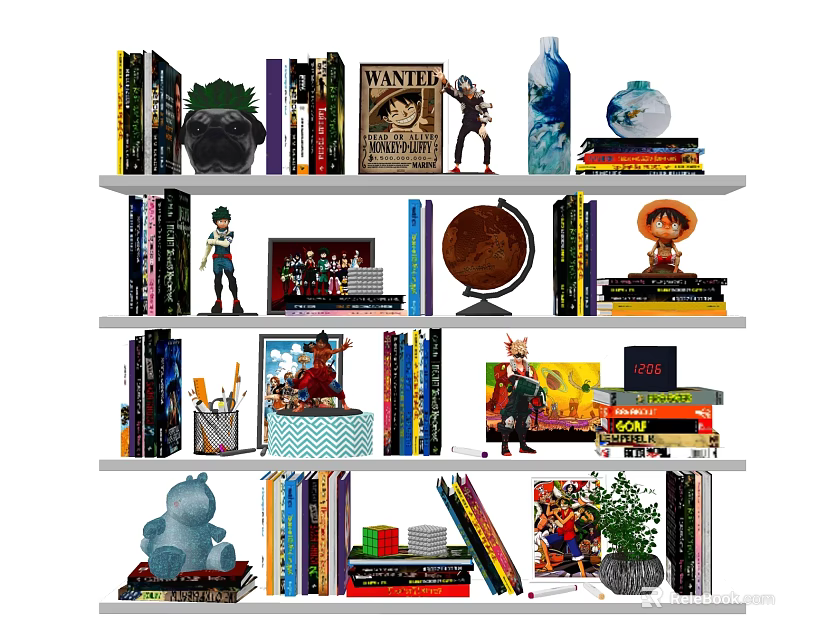 Decorative Ornaments and Figurines Collection on White Bookshelf with Books Globe Vase and Potted Plant 3d model 